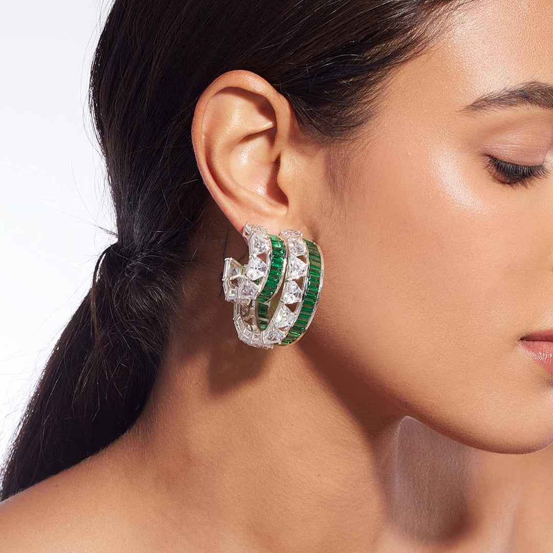 Amalfi 925 Silver Emerald Hydro Double Hoop Earrings - Isharya | Modern Indian Jewelry