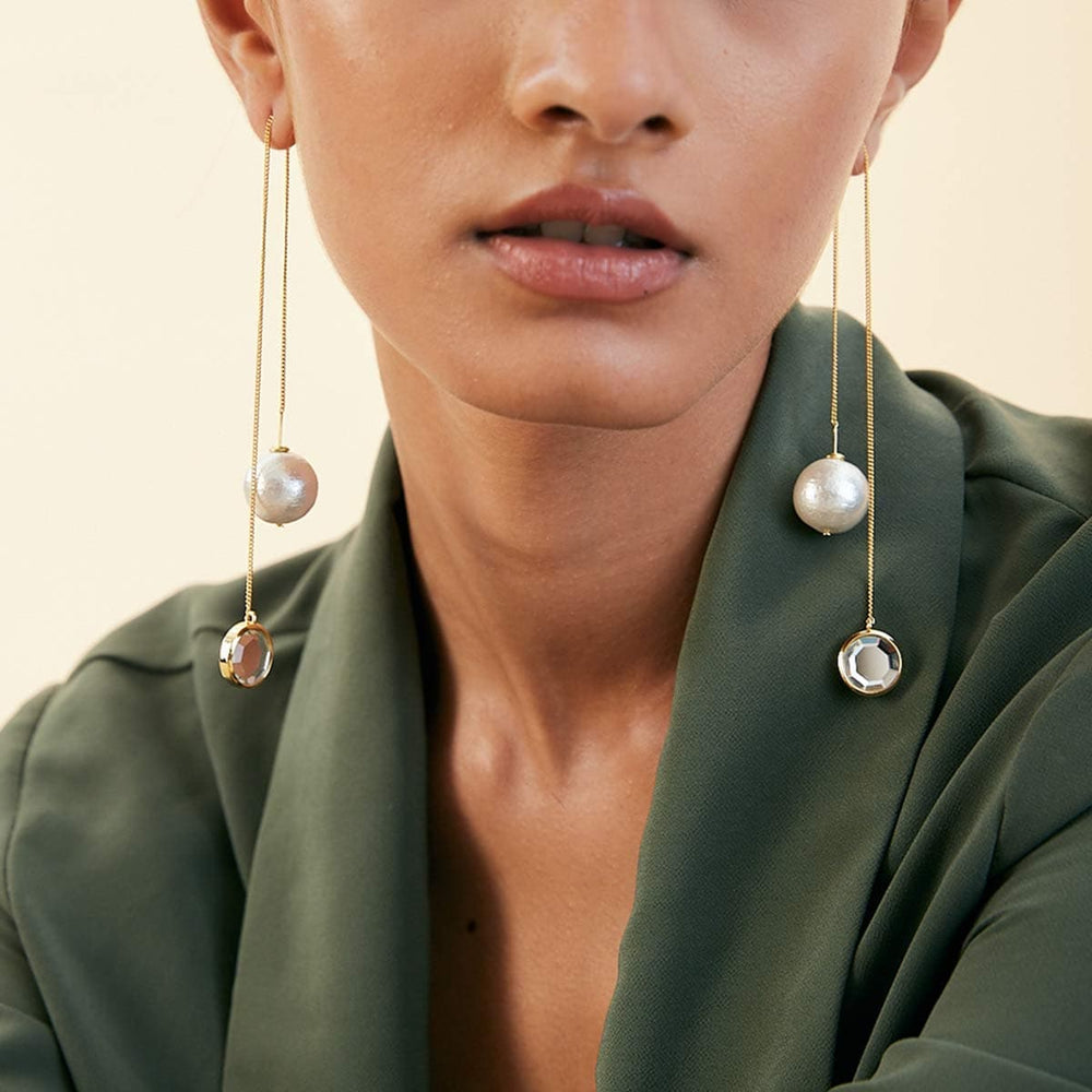Ayaana Mirror and Pearl Needle-Thread Earrings