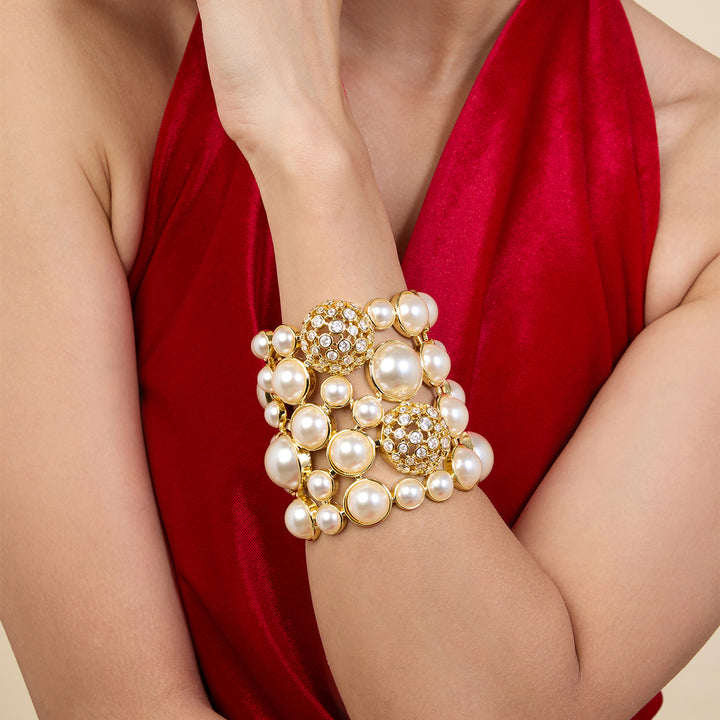 White Crystal Ball Pearl Statement Cuff