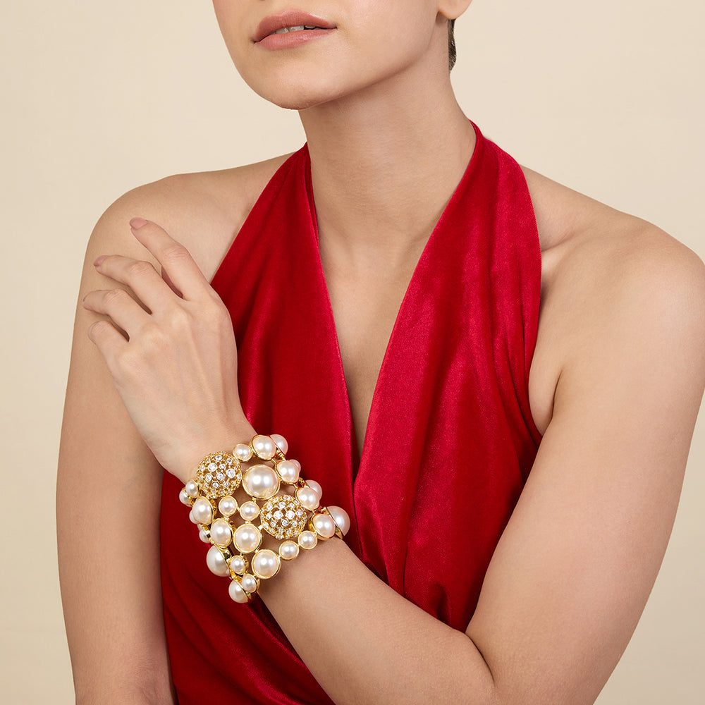 White Crystal Ball Pearl Statement Cuff