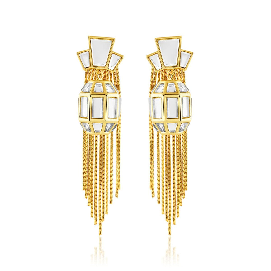 Bombay Deco Tassel Statement Mirror Earrings in Gold