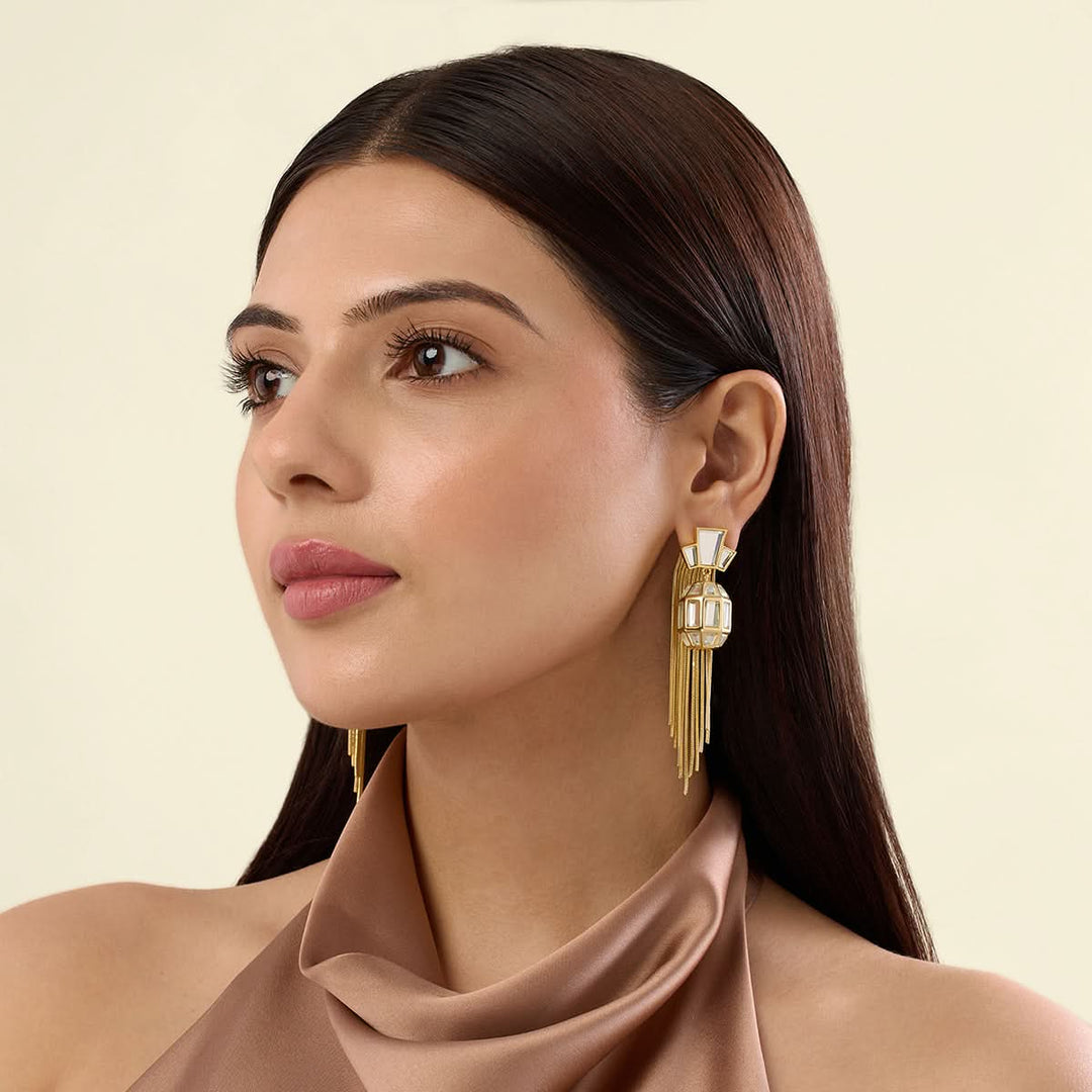 Bombay Deco Tassel Statement Mirror Earrings in Gold