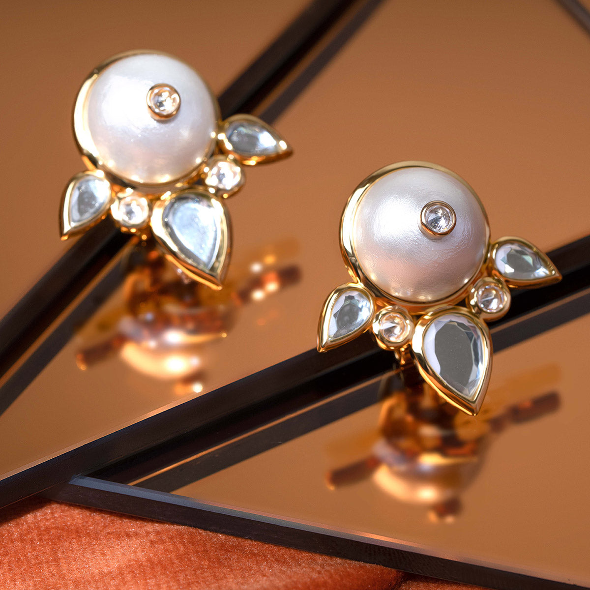 Limelight Pearl & Mirror Flutter Stud Earrings - Isharya | Modern Indian Jewelry