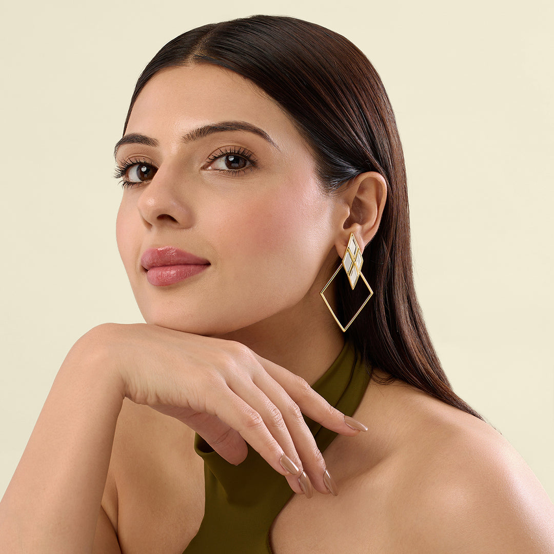 Demi Goddess Rhombus Mirror & Metal Surround Earrings