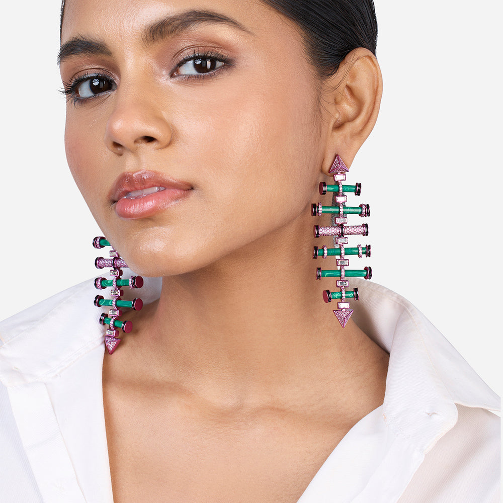 Hyper Pink Crystal Geometric Earrings - Isharya | Modern Indian Jewelry