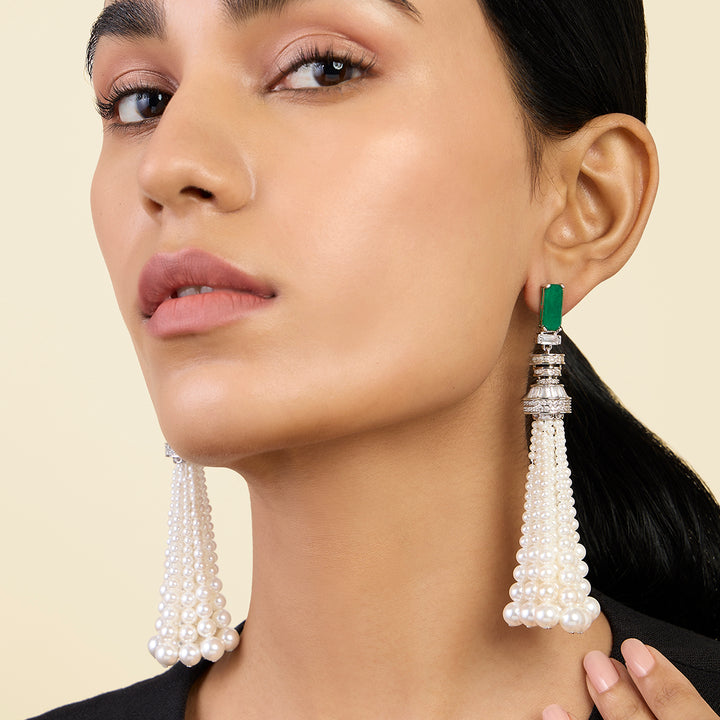 Pearls & Emeralds Tassel Earrings