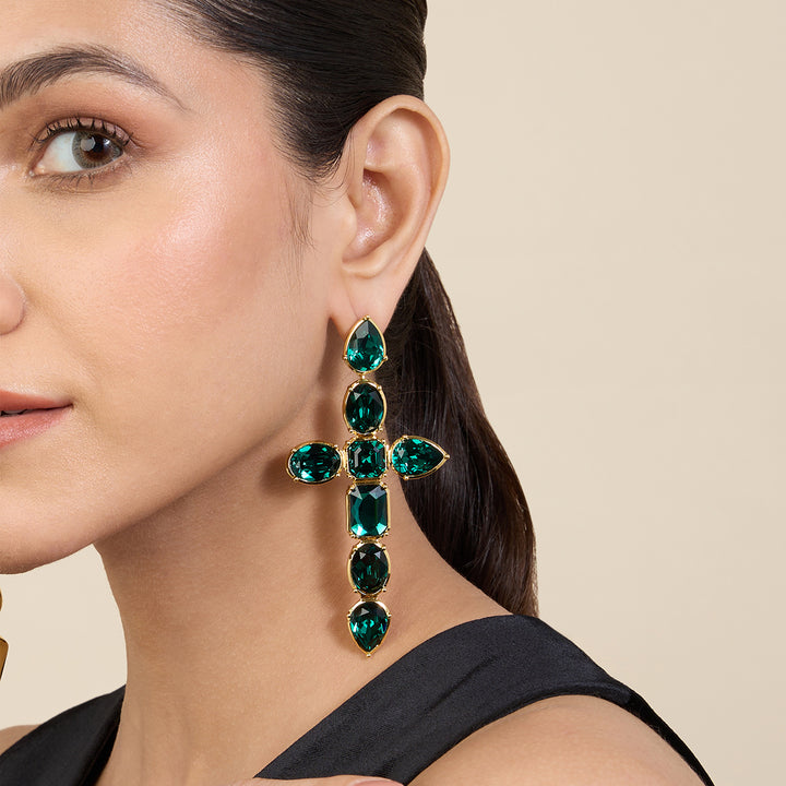 Banger Green Crystal Cross Earrings