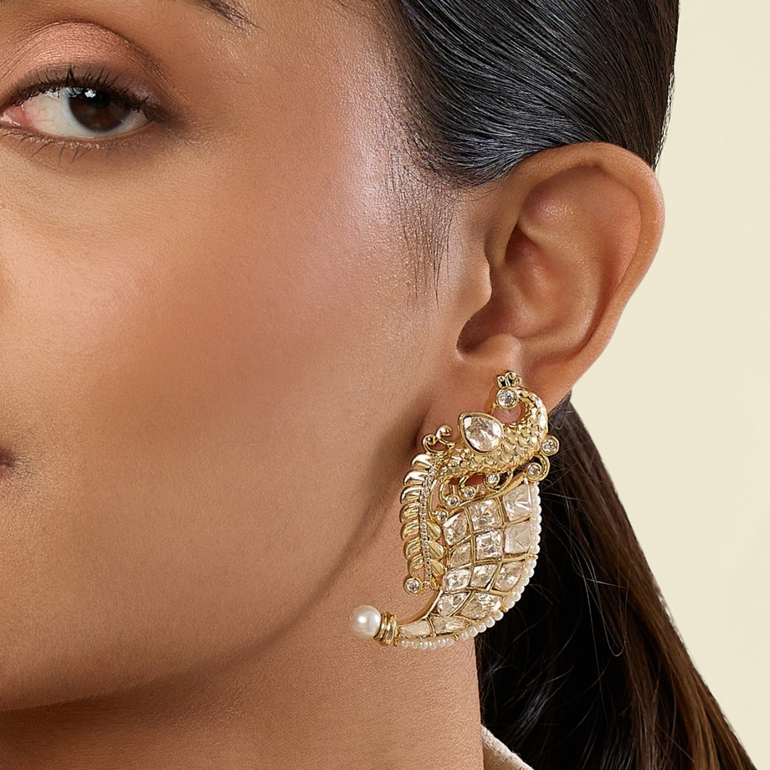 Polki Peacock Dagger Pearl Earrings