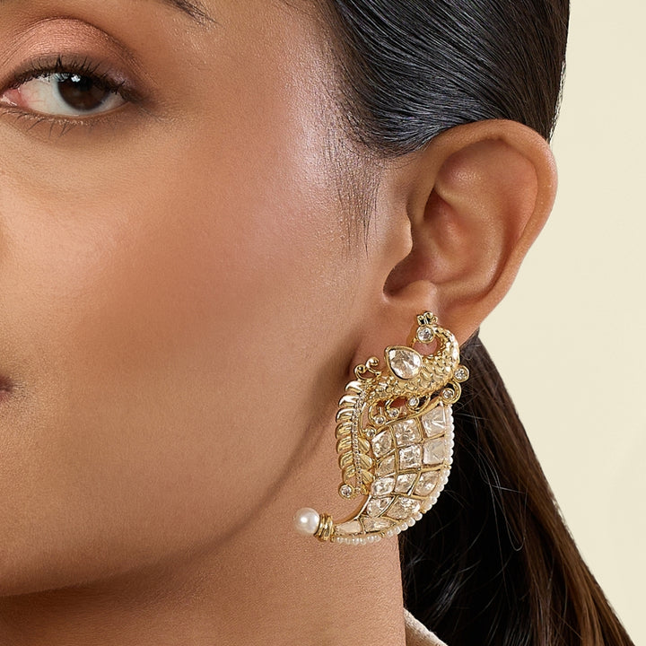Polki Peacock Dagger Pearl Earrings