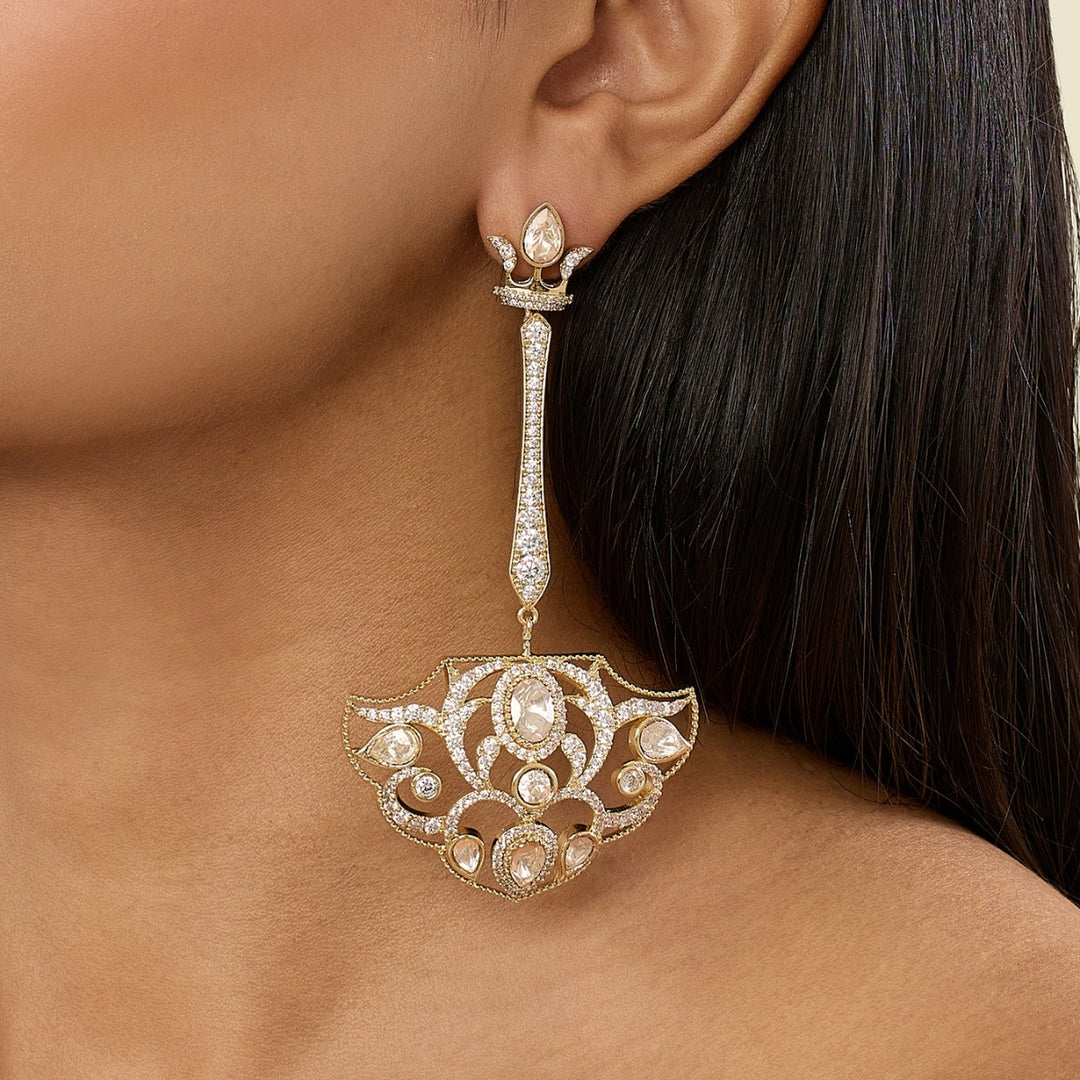 Polki Crown Fan Long Earrings