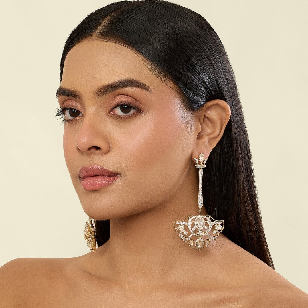 Polki Crown Fan Long Earrings
