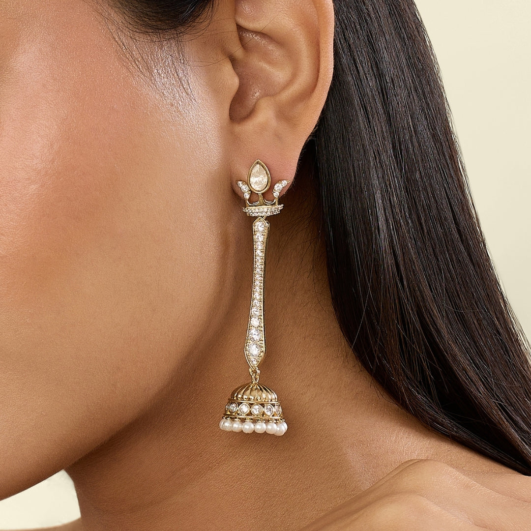 Polki Maharani Crest Long Pearl Earrings