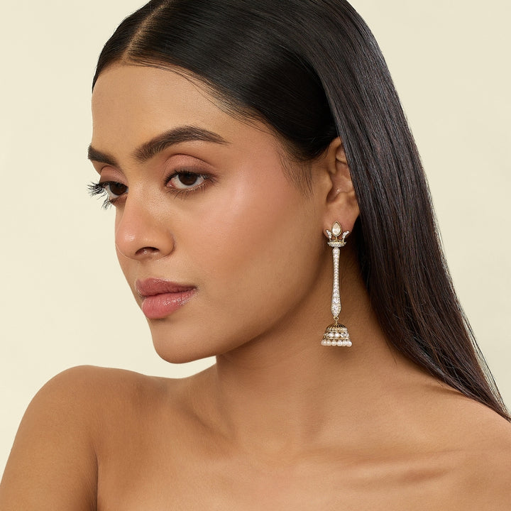 Polki Maharani Crest Long Pearl Earrings