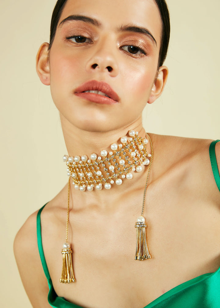 Crystal Pearl Tassel Choker