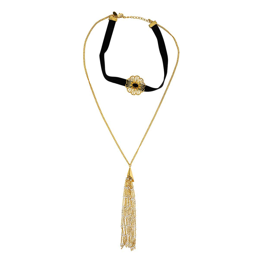 Infinite Petals Pearl Filigree Tassel Choker Necklace