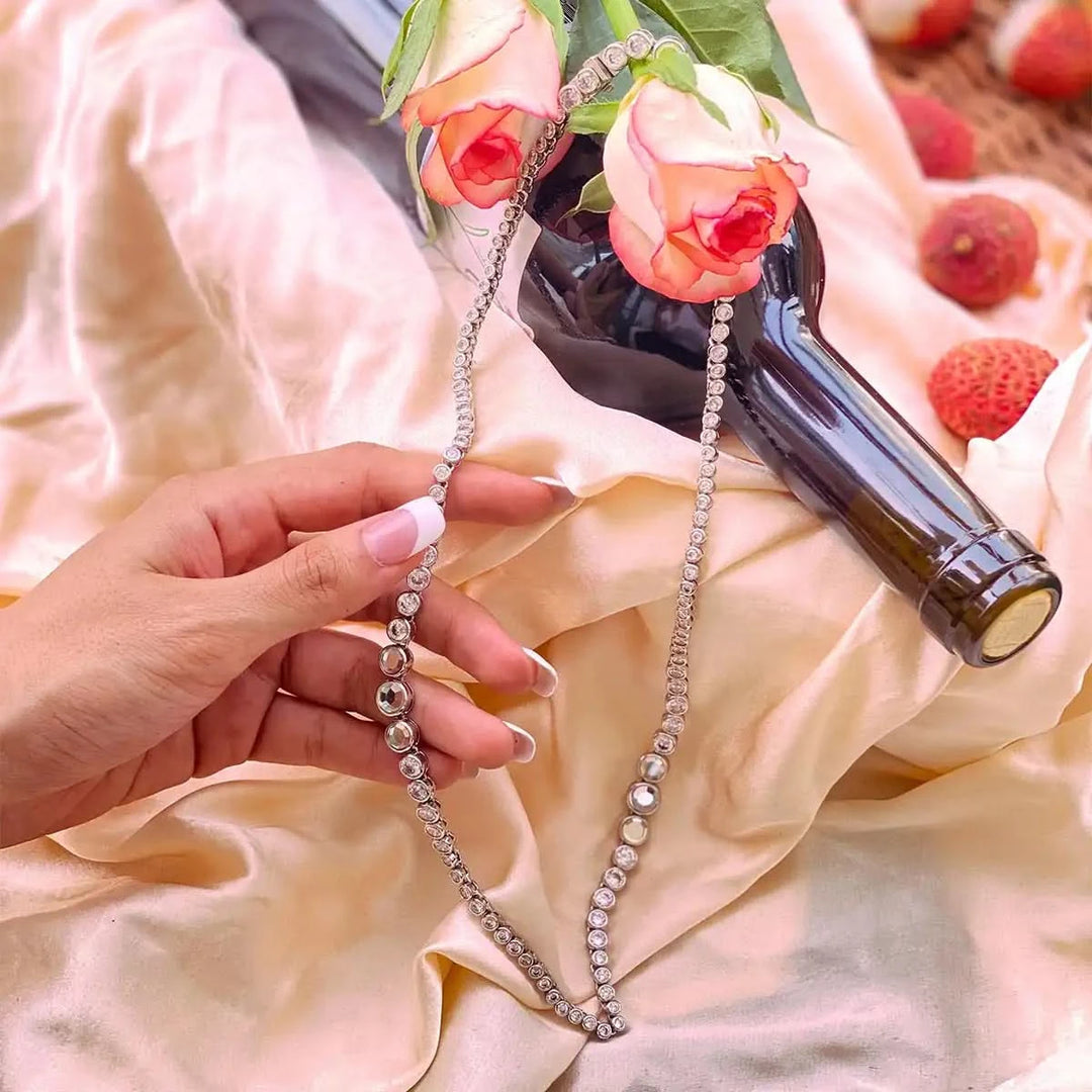 Nazm Mirror & CZ Silver Long Necklace