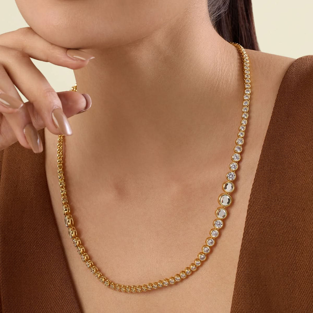Nazm Mirror & CZ Silver Long Necklace