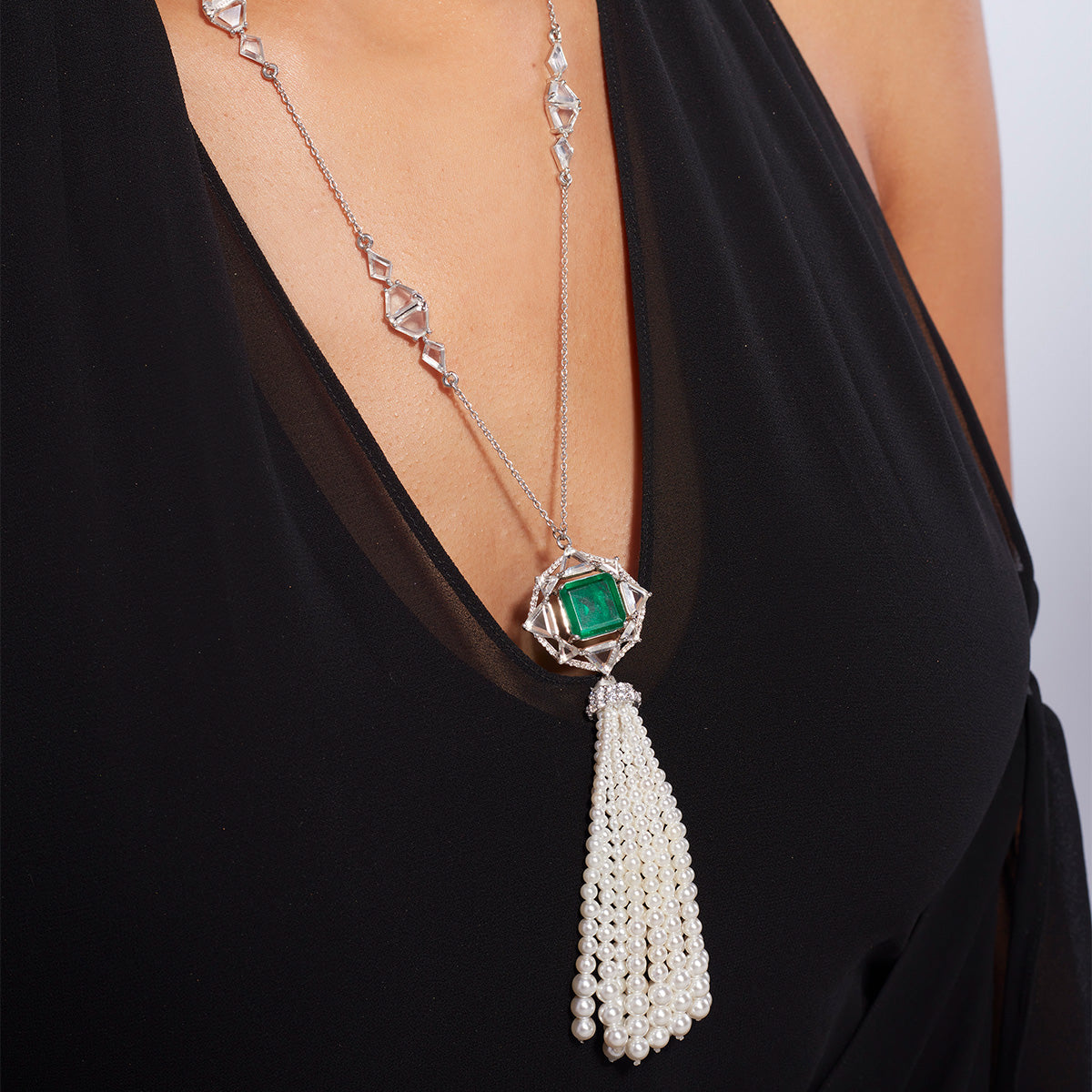 Provence 925 Silver Deco Pearl Tassel Necklace - Isharya | Modern Indian Jewelry