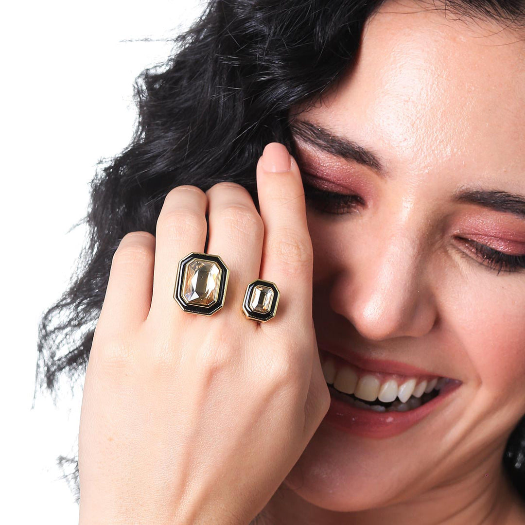 Soleil Black Enamel Two Stone Open Ring