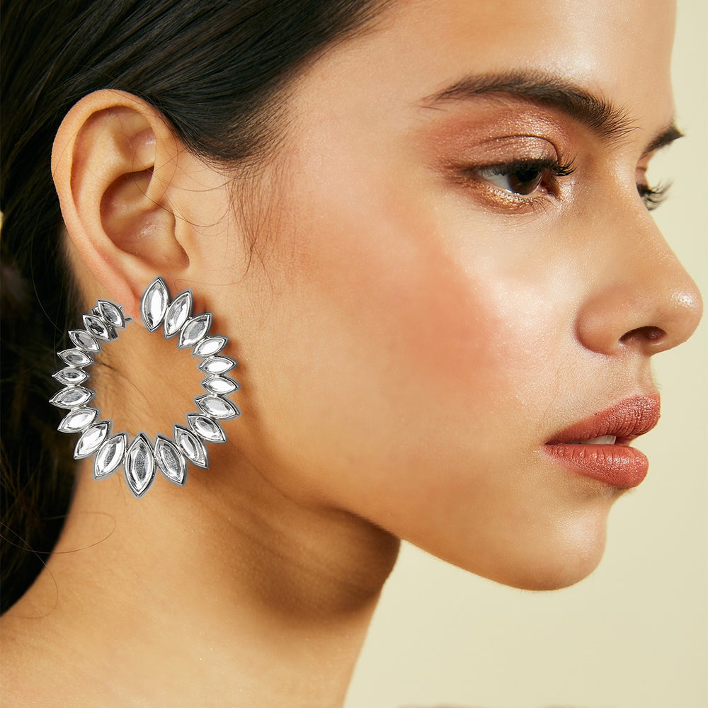Marquise Mirror Orange Peel Earrings in Silver - Isharya | Modern Indian Jewelry