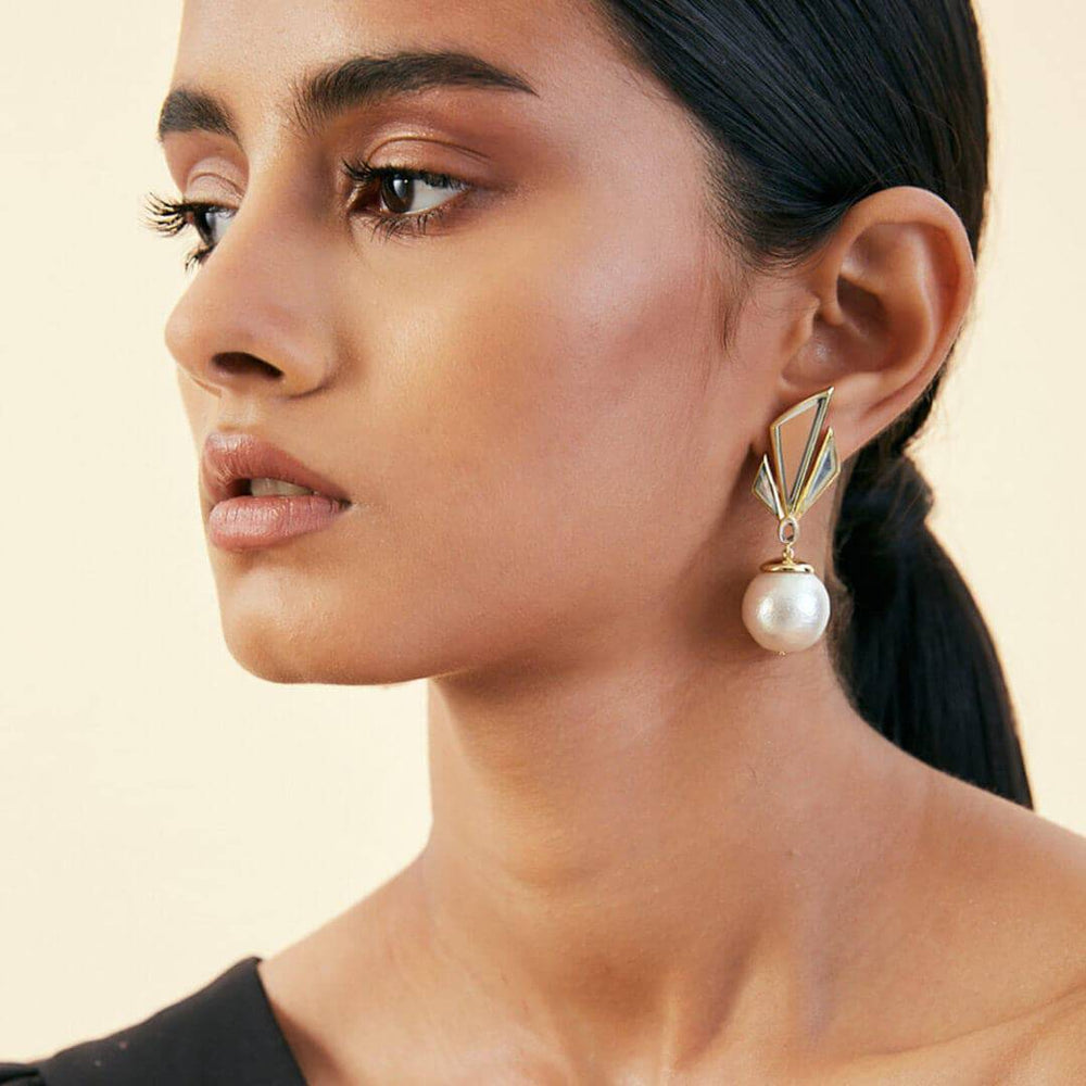 Demi Goddess Irregular Mirror and Pearl Stud Earrings - Isharya | Modern Indian Jewelry