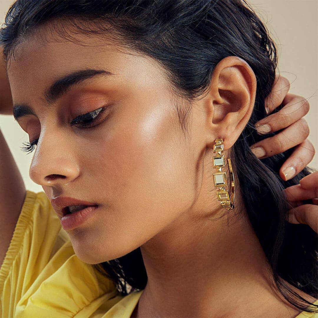Limelight Mirror & Metal Pyramid Hoop Earrings - Isharya | Modern Indian Jewelry