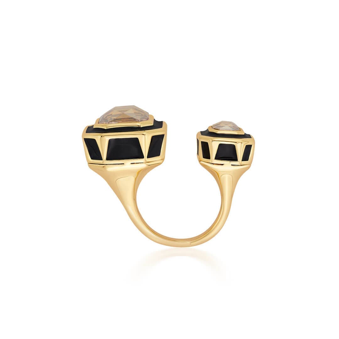 Soleil Black Enamel Two Stone Open Ring