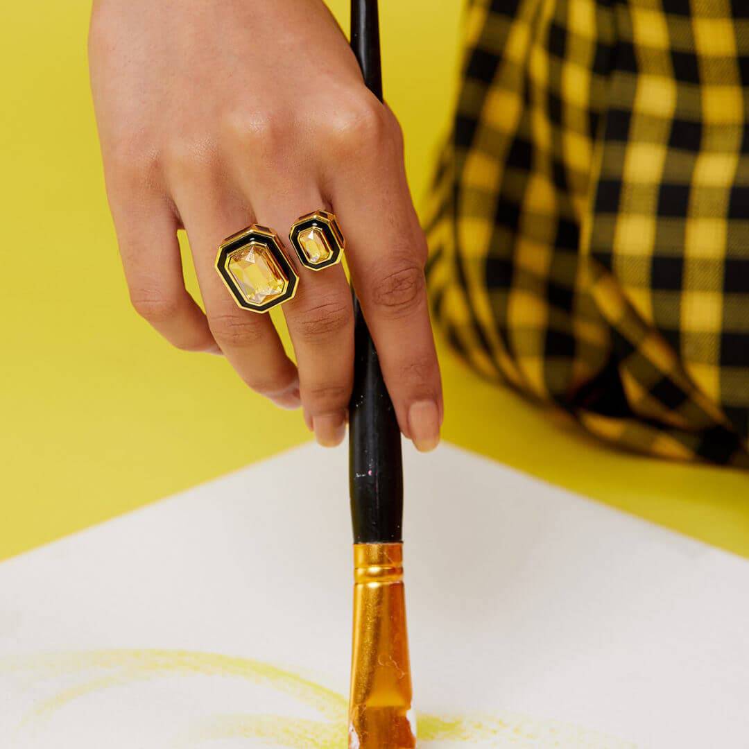 Soleil Black Enamel Two Stone Open Ring