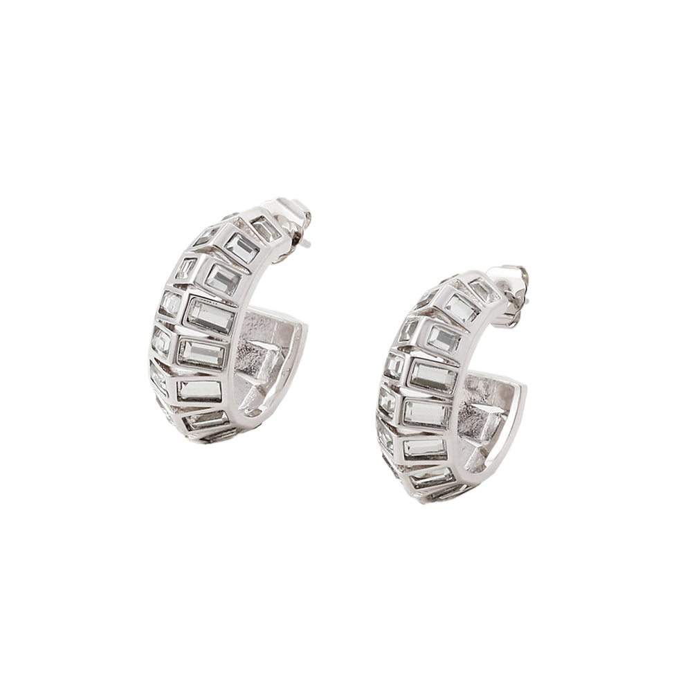 Silver Disco Mirror Rib Hoop Earring