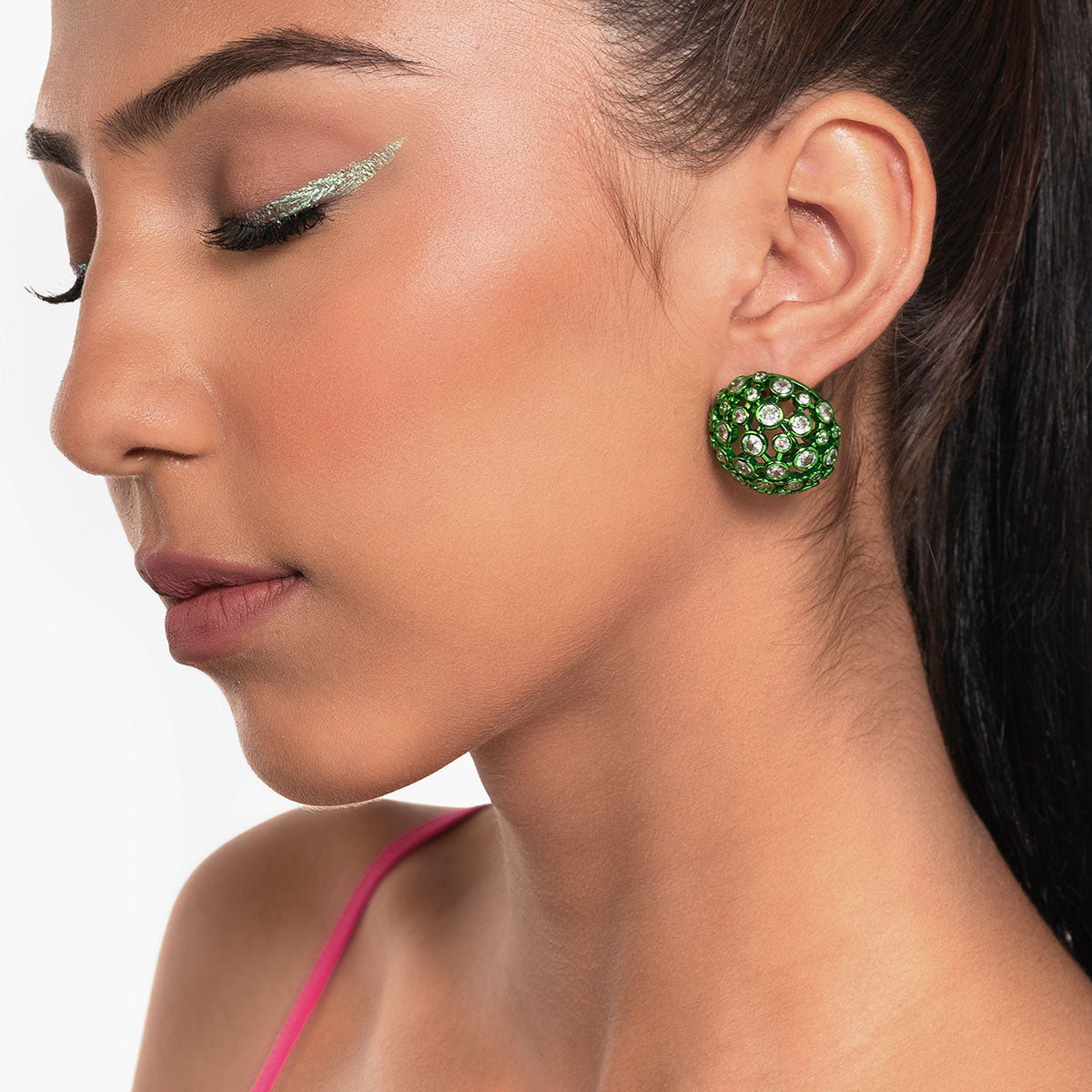 Parakeet Green Mesh Stud Earrings - Isharya | Modern Indian Jewelry