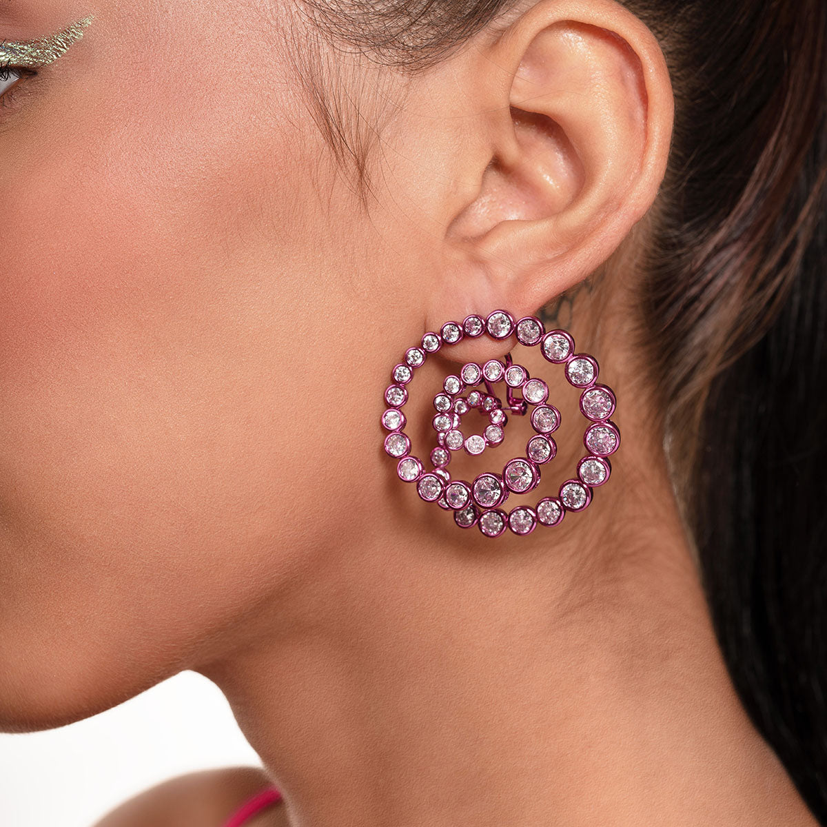 Rani Pink Statement Swirl Hoop Earrings - Isharya | Modern Indian Jewelry