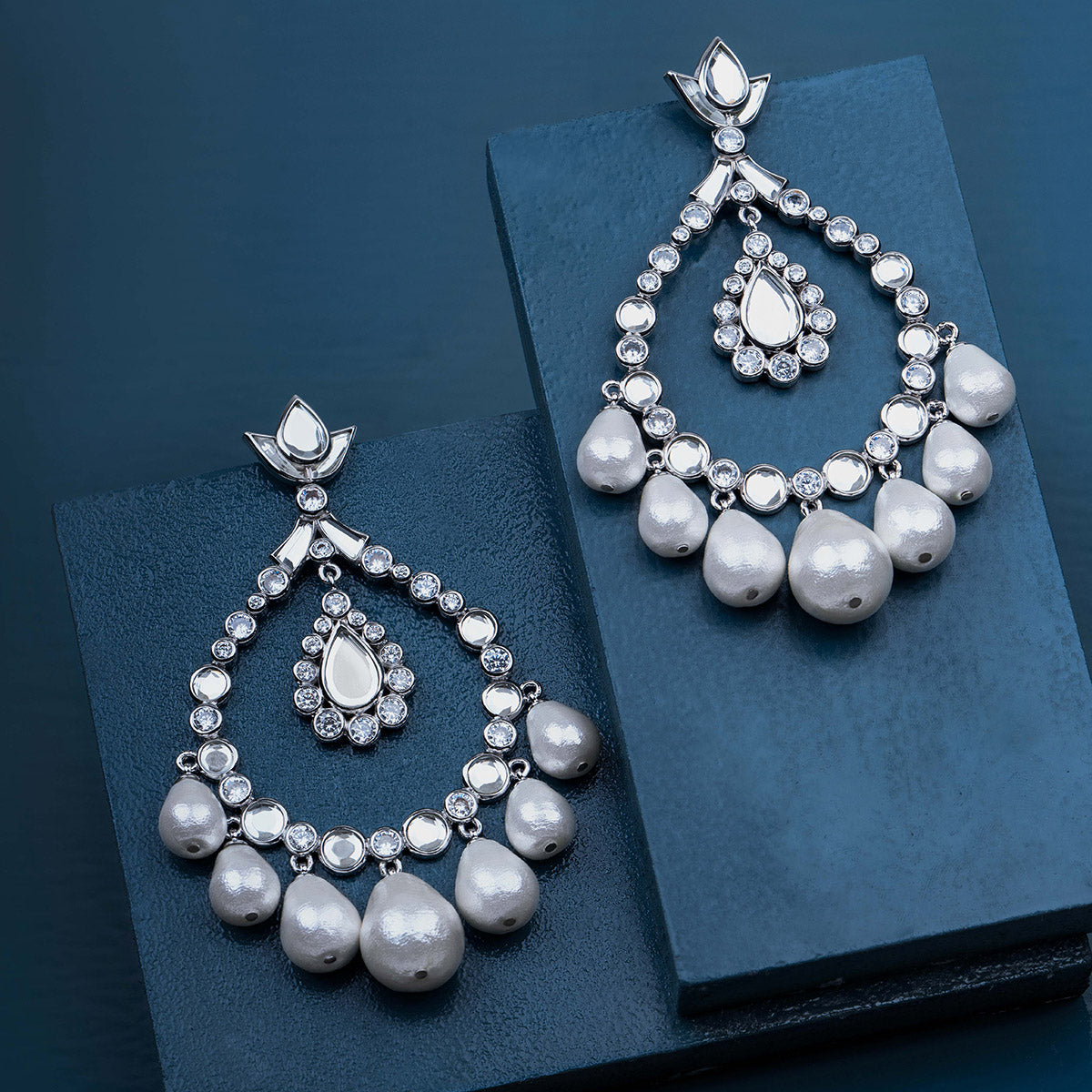 Elongated Crystal Pearl Earrings - Isharya | Modern Indian Jewelry