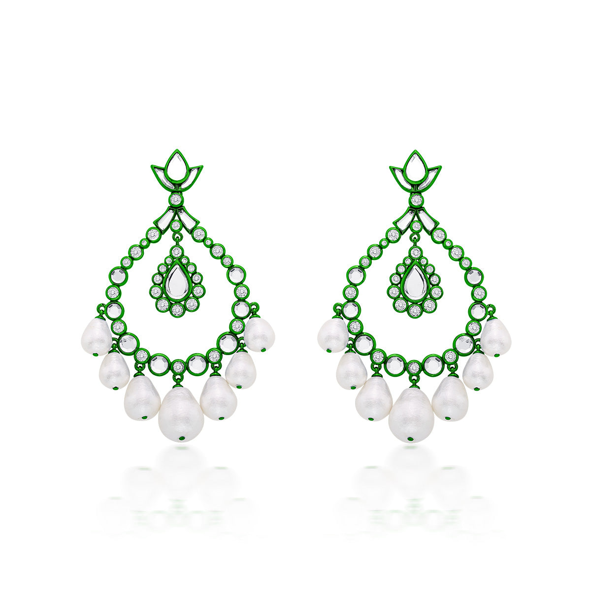 Parakeet Green Elongated Crystal Pearl Earrings - Isharya | Modern Indian Jewelry