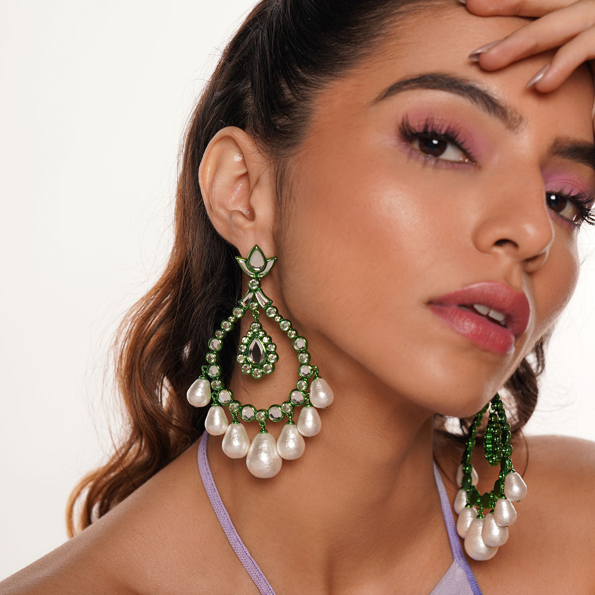 Parakeet Green Elongated Crystal Pearl Earrings - Isharya | Modern Indian Jewelry