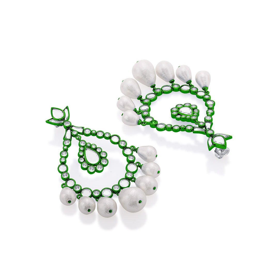 Parakeet Green Elongated Crystal Pearl Earrings