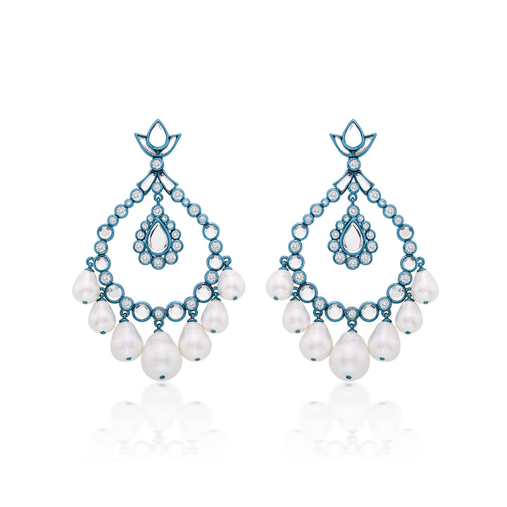 Aqua Blue Elongated Crystal Pearl Earrings