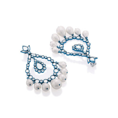 Aqua Blue Elongated Crystal Pearl Earrings - Isharya | Modern Indian Jewelry