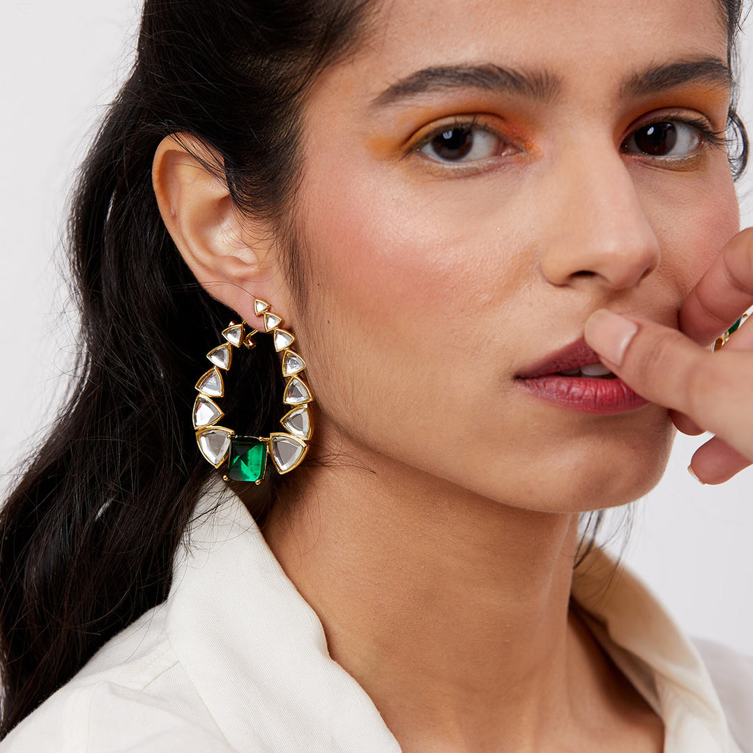 Inayat Mirror & Hydro Emerald Statement Earrings - Isharya | Modern Indian Jewelry
