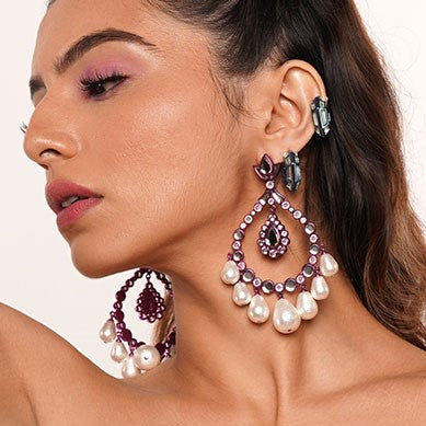 Rani Pink Elongated Crystal Pearl Earrings