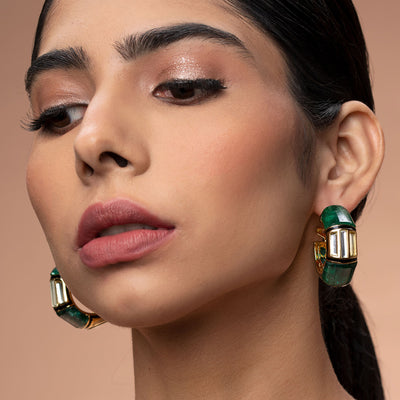 Razia Green Quartz Mirror Hoop Earrings - Isharya | Modern Indian Jewelry