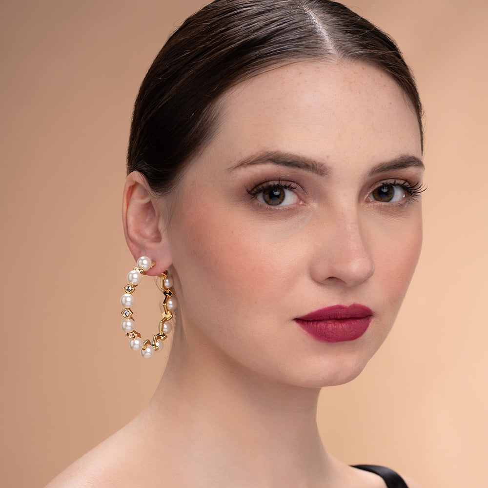 Amara Pearl CZ Statement Hoop Earrings - Isharya | Modern Indian Jewelry