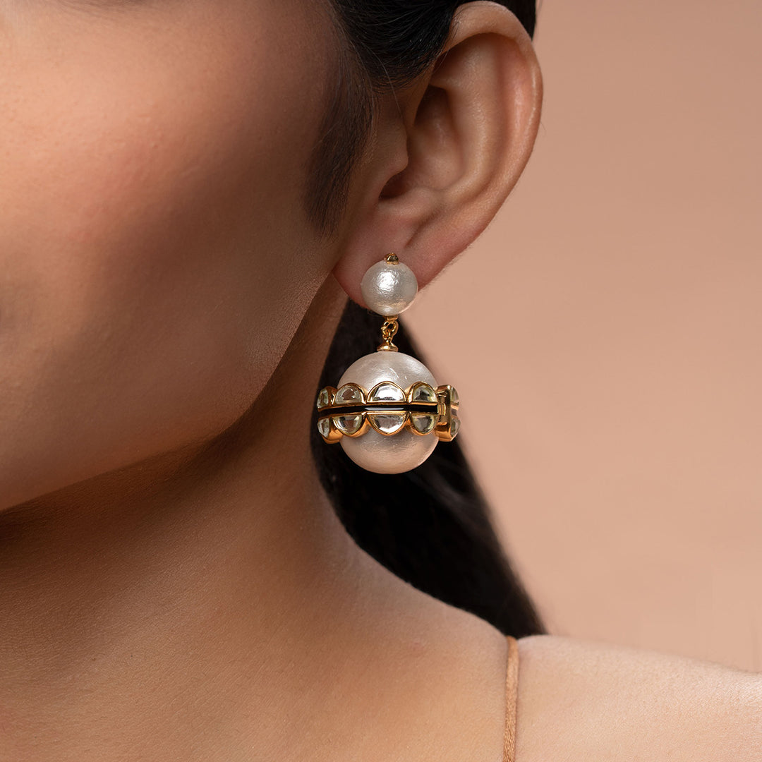 Amara Mirror Pearl Duo Drop Earrings - Isharya | Modern Indian Jewelry