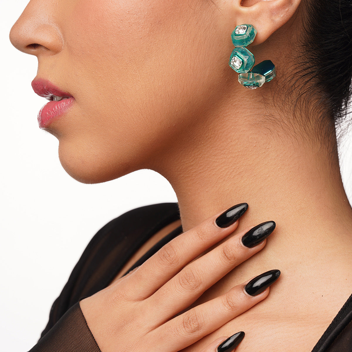 B-dazzle Infinity Cut Green Crystal Hoops - Isharya | Modern Indian Jewelry