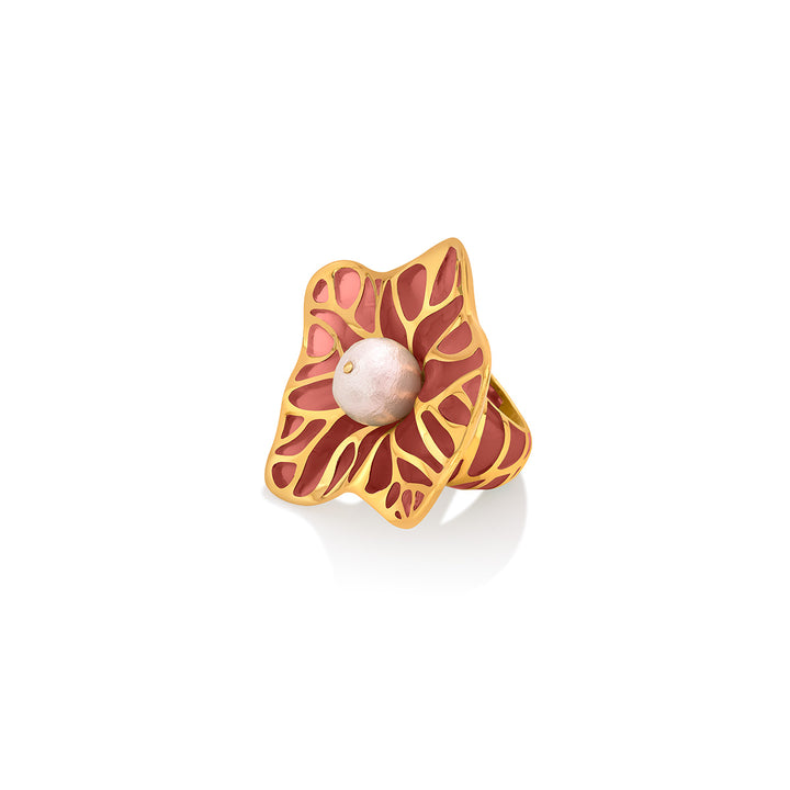 La Conchita Abstract Floral Statement Ring in Coral