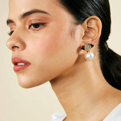 Black Onyx Ribbed Pearl Drop Earrings - Isharya | Modern Indian Jewelry