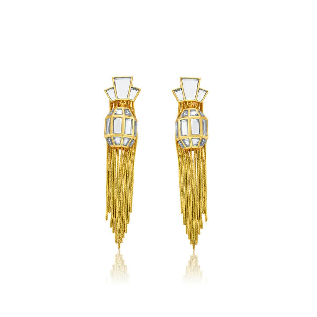 Bombay Deco Tassel Statement Mirror Earrings in Gold - Isharya | Modern Indian Jewelry