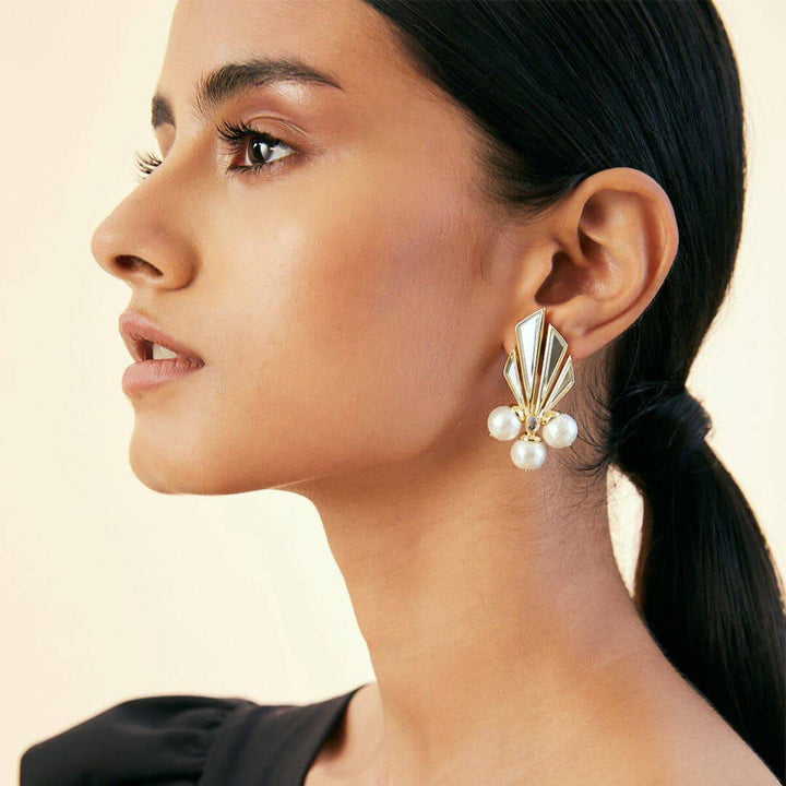 Demi Goddess Mirror and Triple Pearl Earrings - Isharya | Modern Indian Jewelry