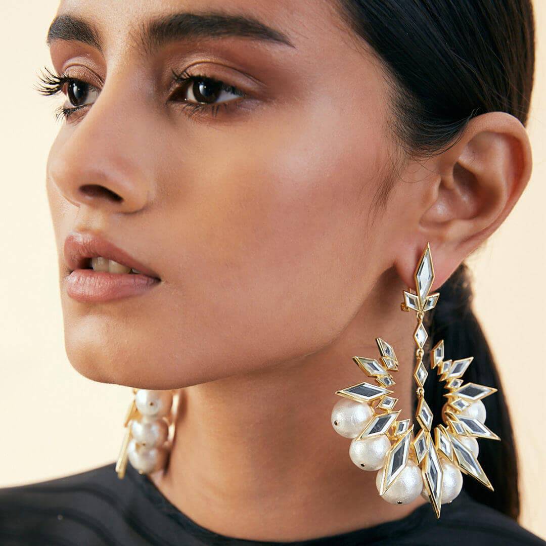 Demi Goddess Rhombus Mirror and Pearl Chandbali Earring - Isharya | Modern Indian Jewelry