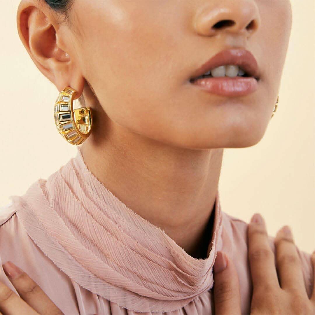 Gold Disco Mirror Rib Hoop Earring