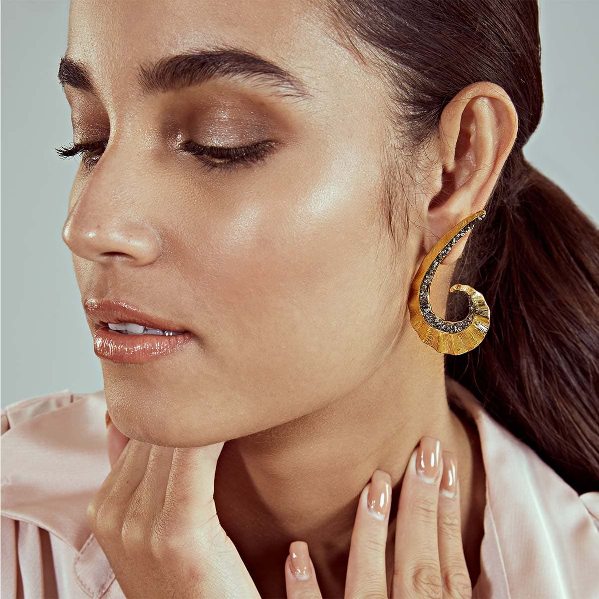Fool's Gold Textured metal & pyrite Statement swirl  earrings - Isharya | Modern Indian Jewelry